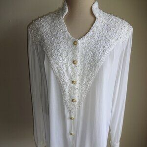 NOS New Vintage Cix & Co Sorelle Rasta White Sheer Top Blouse M L Faux Pearls